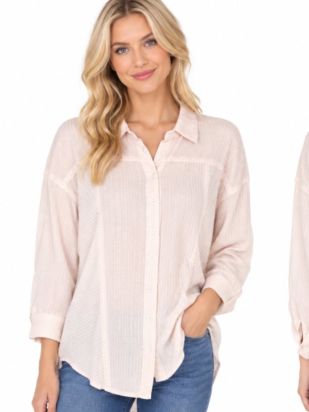 Free People Multi-color Oxford Stripes Button Up Split Back Hem Top FLAW Size XS